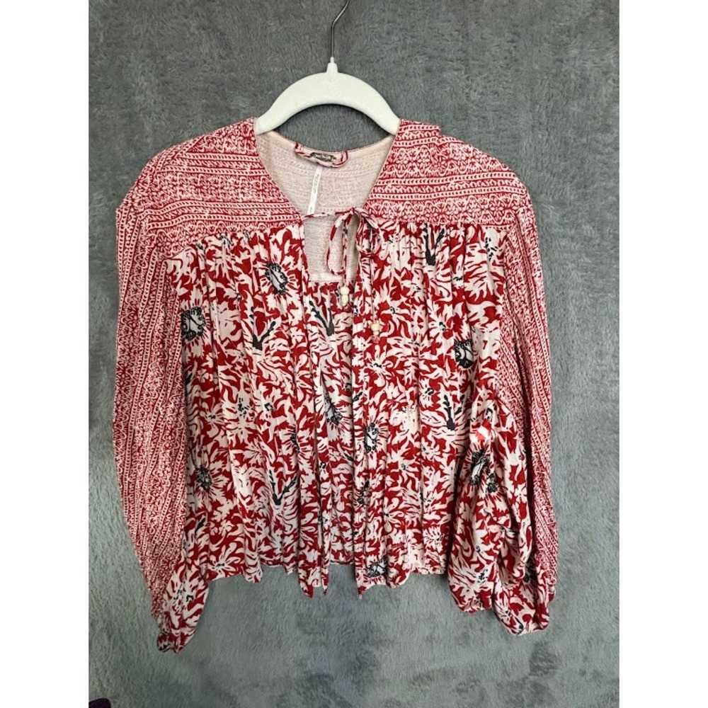 Free People Red Floral Print Tie Neck Long Sleeve Peasant Blouse Top Size S